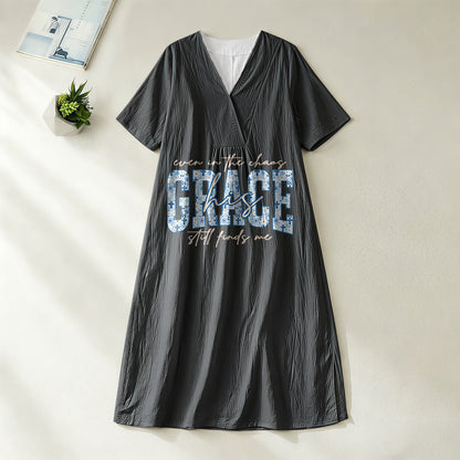 Christianartworkshop Classic "His Grace Still Finds Me" Plaid Print V-Neck Loose Midi Dress