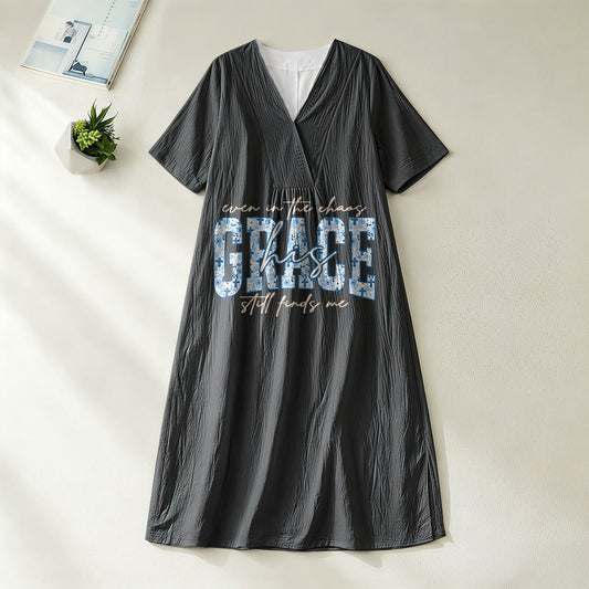 Christianartworkshop Classic "His Grace Still Finds Me" Plaid Print V-Neck Loose Midi Dress