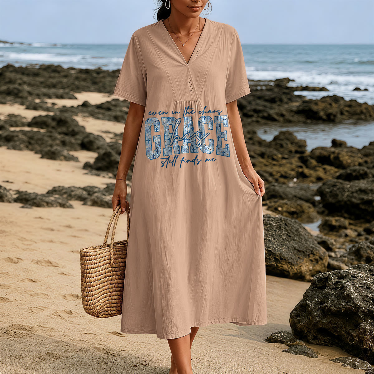 Christianartworkshop Classic "His Grace Still Finds Me" Plaid Print V-Neck Loose Midi Dress