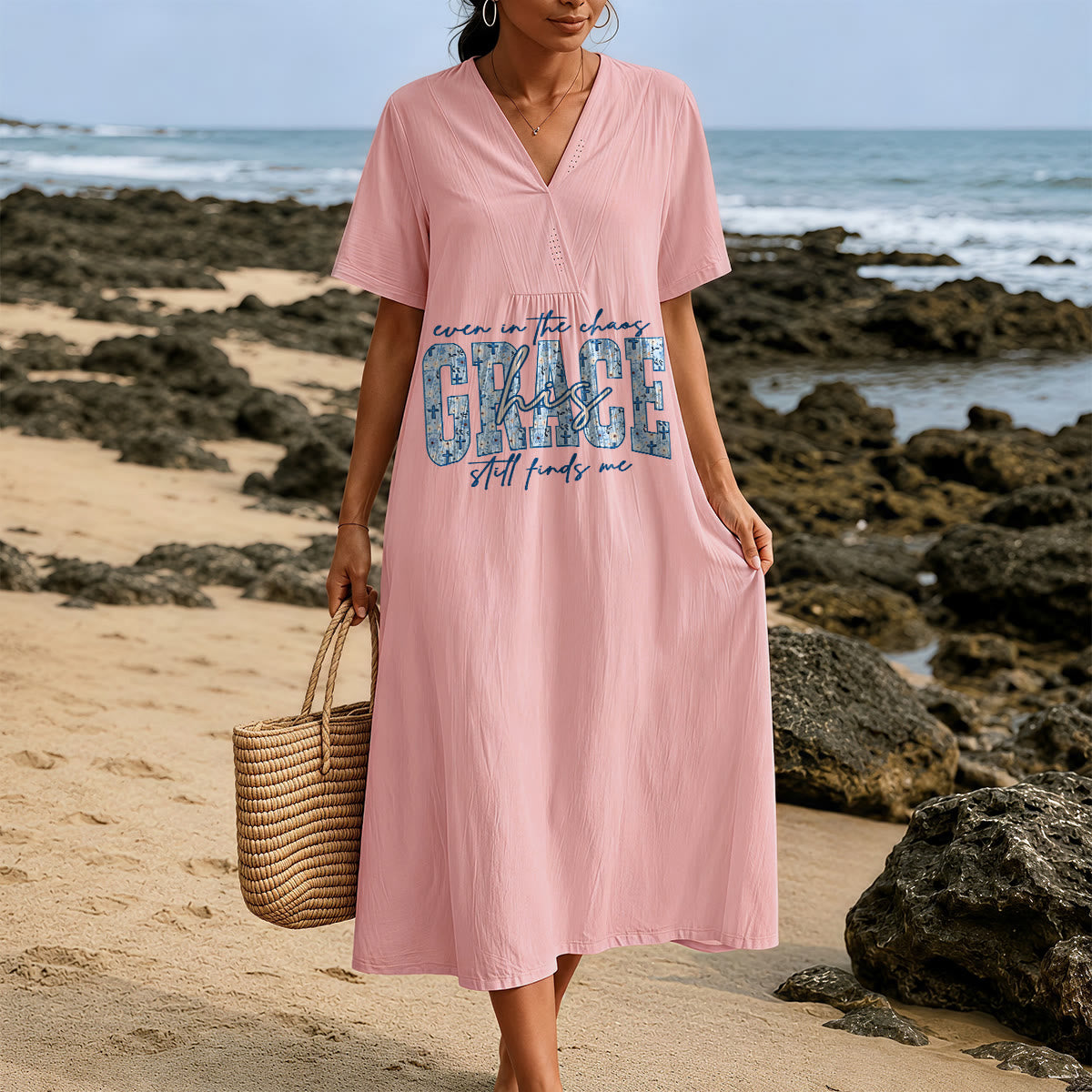 Christianartworkshop Classic "His Grace Still Finds Me" Plaid Print V-Neck Loose Midi Dress
