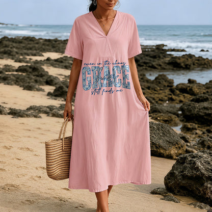 Christianartworkshop Classic "His Grace Still Finds Me" Plaid Print V-Neck Loose Midi Dress