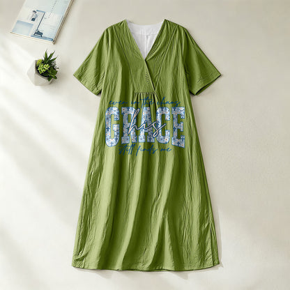Christianartworkshop Classic "His Grace Still Finds Me" Plaid Print V-Neck Loose Midi Dress