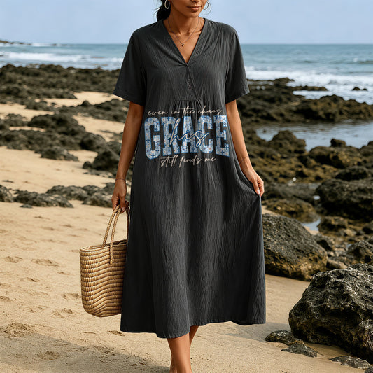 Christianartworkshop Classic "His Grace Still Finds Me" Plaid Print V-Neck Loose Midi Dress