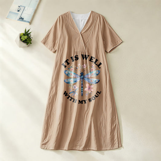 Christianartworkshop "It Is Well With My Soul" Watercolor Dragonfly Floral V-Neck Short Sleeve Midi Dress