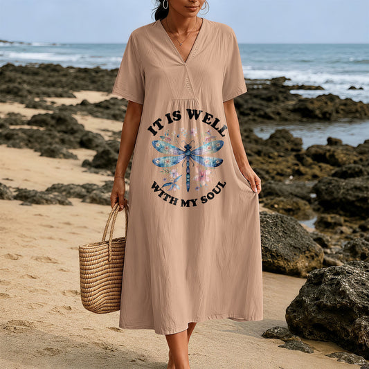 Christianartworkshop "It Is Well With My Soul" Watercolor Dragonfly Floral V-Neck Short Sleeve Midi Dress