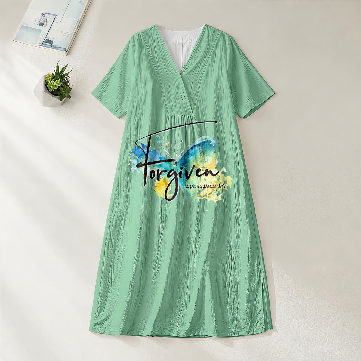 Christianartworkshop Church Gathering Outfit Bible Verse Watercolor Butterfly V-Neck Midi Dress