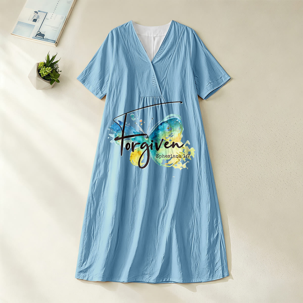 Christianartworkshop Church Gathering Outfit Bible Verse Watercolor Butterfly V-Neck Midi Dress