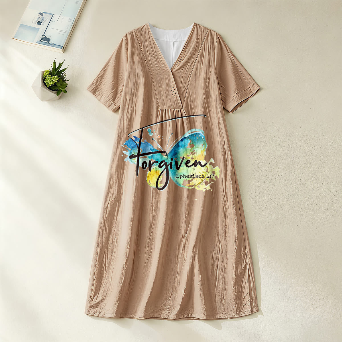 Christianartworkshop Church Gathering Outfit Bible Verse Watercolor Butterfly V-Neck Midi Dress