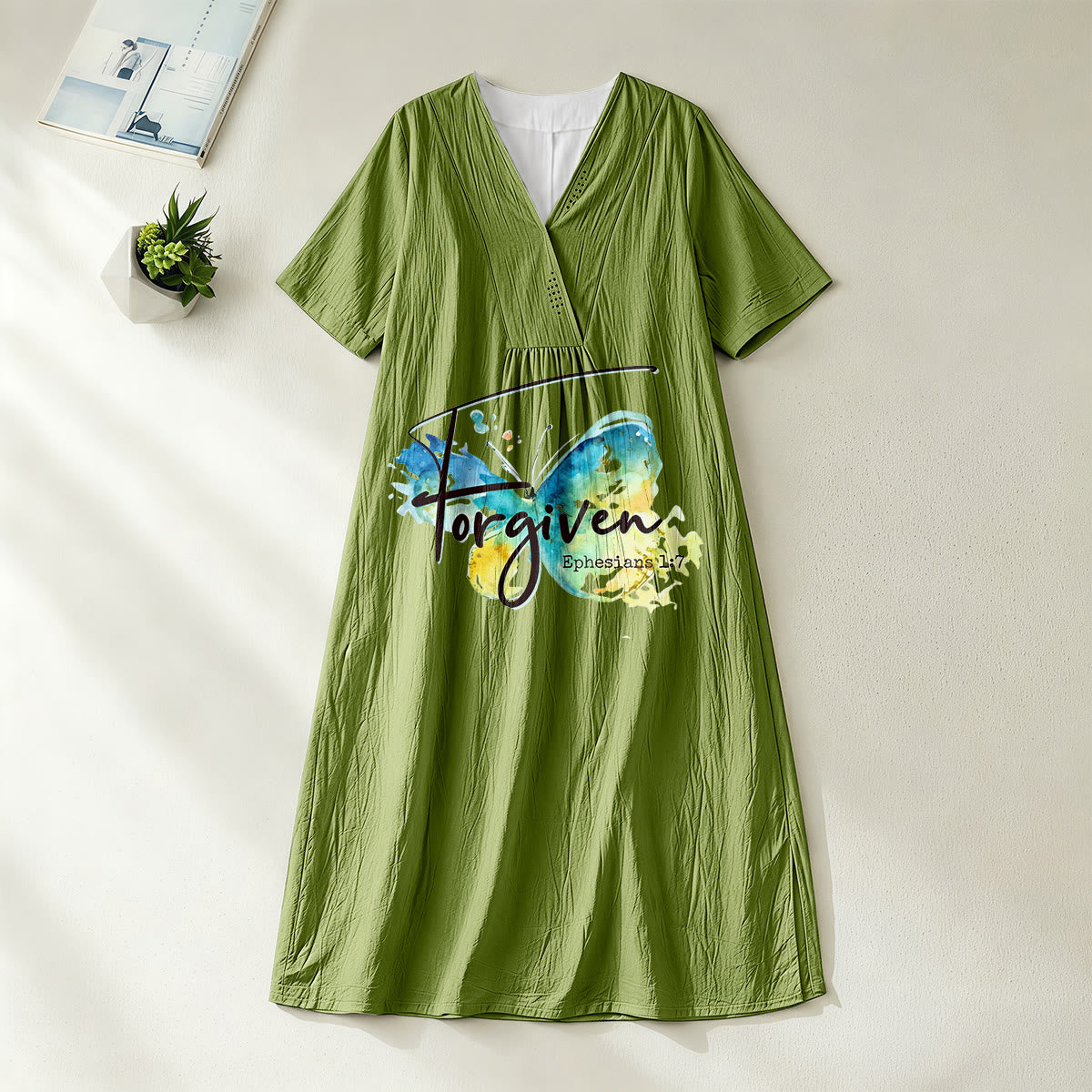 Christianartworkshop Church Gathering Outfit Bible Verse Watercolor Butterfly V-Neck Midi Dress