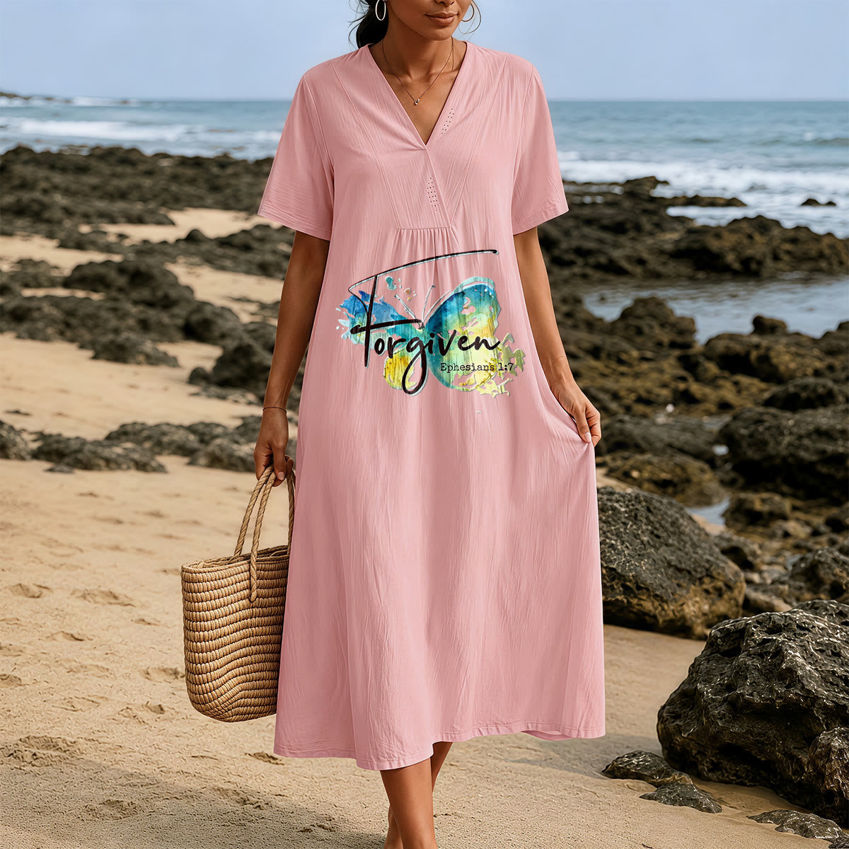 Christianartworkshop Church Gathering Outfit Bible Verse Watercolor Butterfly V-Neck Midi Dress