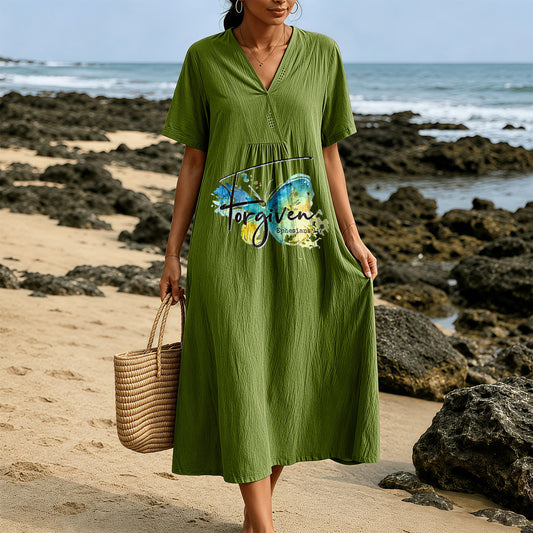Christianartworkshop Church Gathering Outfit Bible Verse Watercolor Butterfly V-Neck Midi Dress