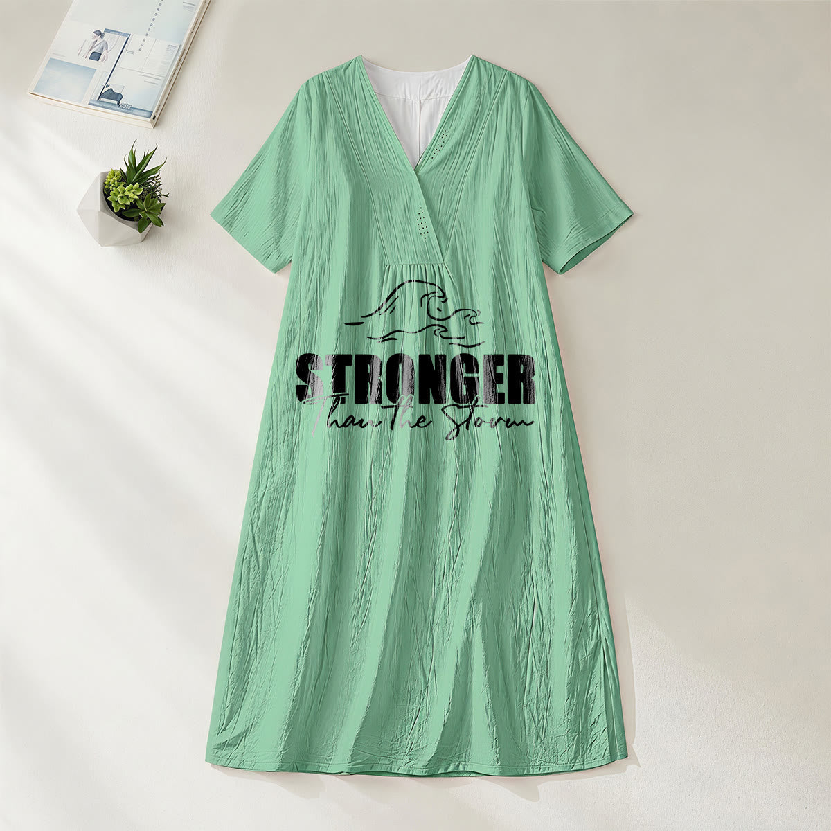 Christianartworkshop "Stronger Than The Storm" Wave Graphic V-Neck Short Sleeve Midi Dress