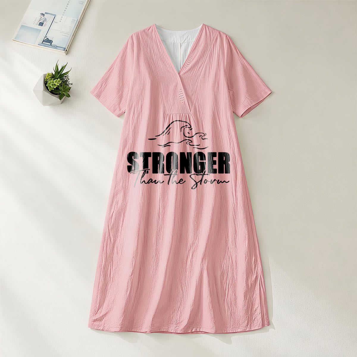 Christianartworkshop "Stronger Than The Storm" Wave Graphic V-Neck Short Sleeve Midi Dress