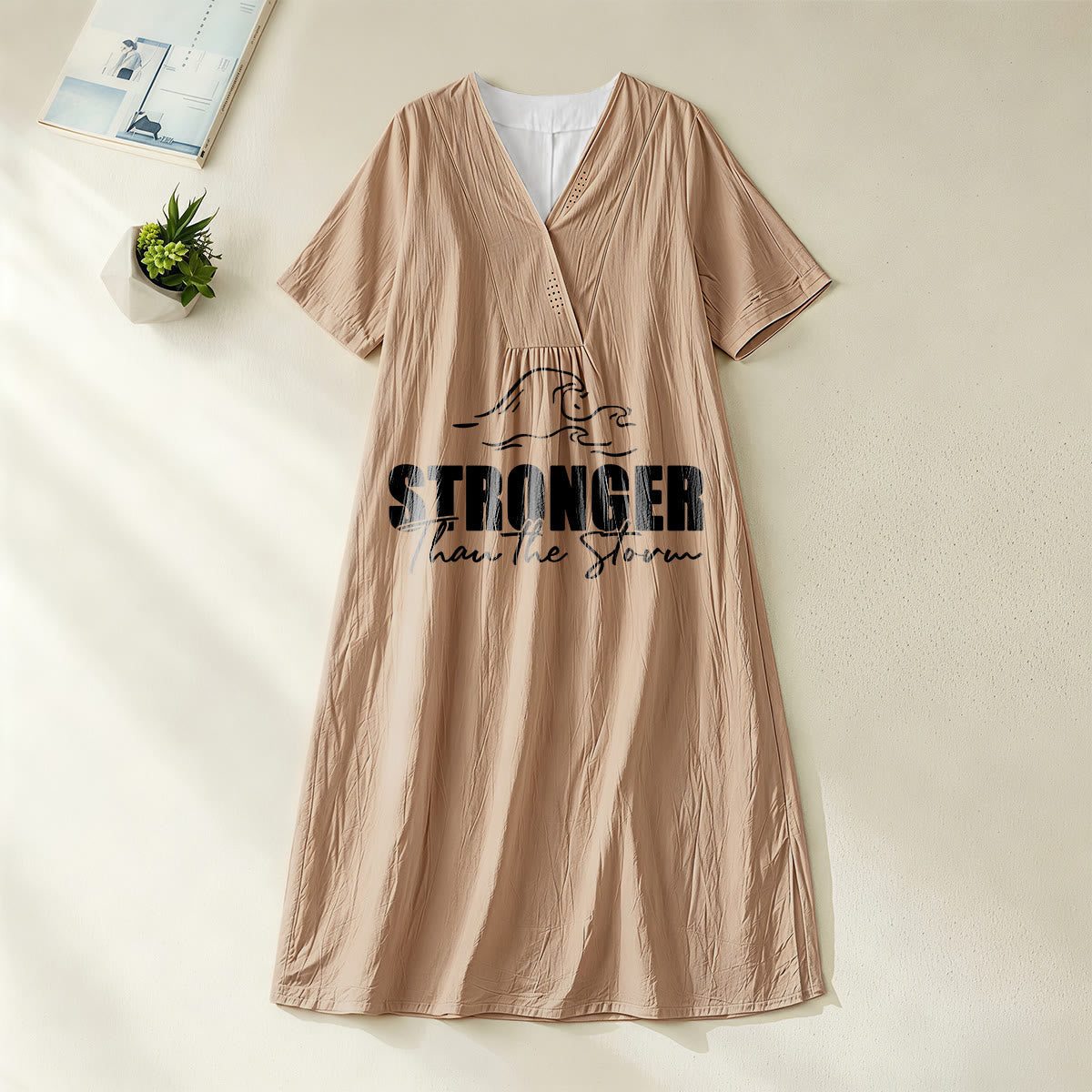 Christianartworkshop "Stronger Than The Storm" Wave Graphic V-Neck Short Sleeve Midi Dress