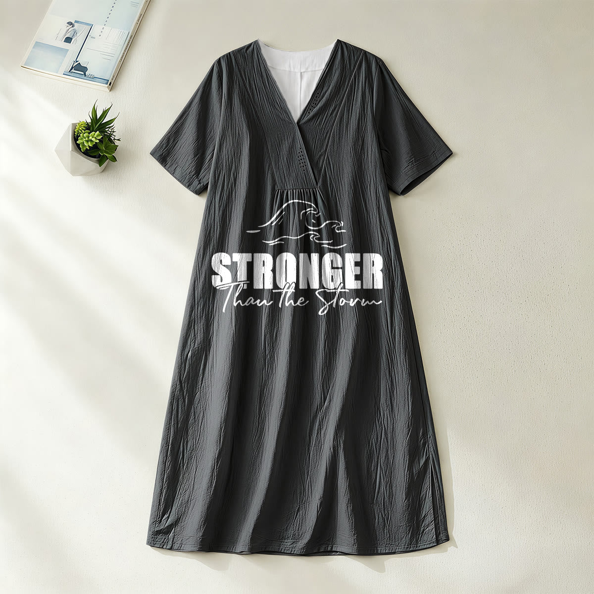 Christianartworkshop "Stronger Than The Storm" Wave Graphic V-Neck Short Sleeve Midi Dress