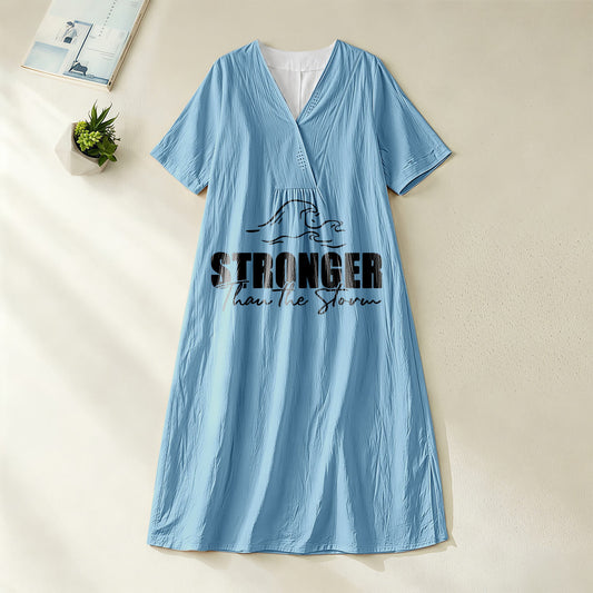 Christianartworkshop "Stronger Than The Storm" Wave Graphic V-Neck Short Sleeve Midi Dress