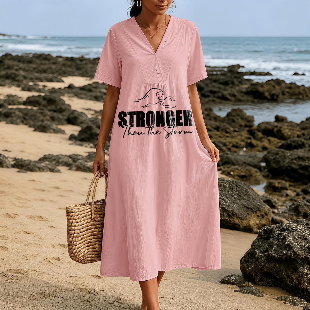 Christianartworkshop "Stronger Than The Storm" Wave Graphic V-Neck Short Sleeve Midi Dress