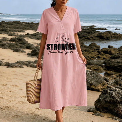Christianartworkshop "Stronger Than The Storm" Wave Graphic V-Neck Short Sleeve Midi Dress