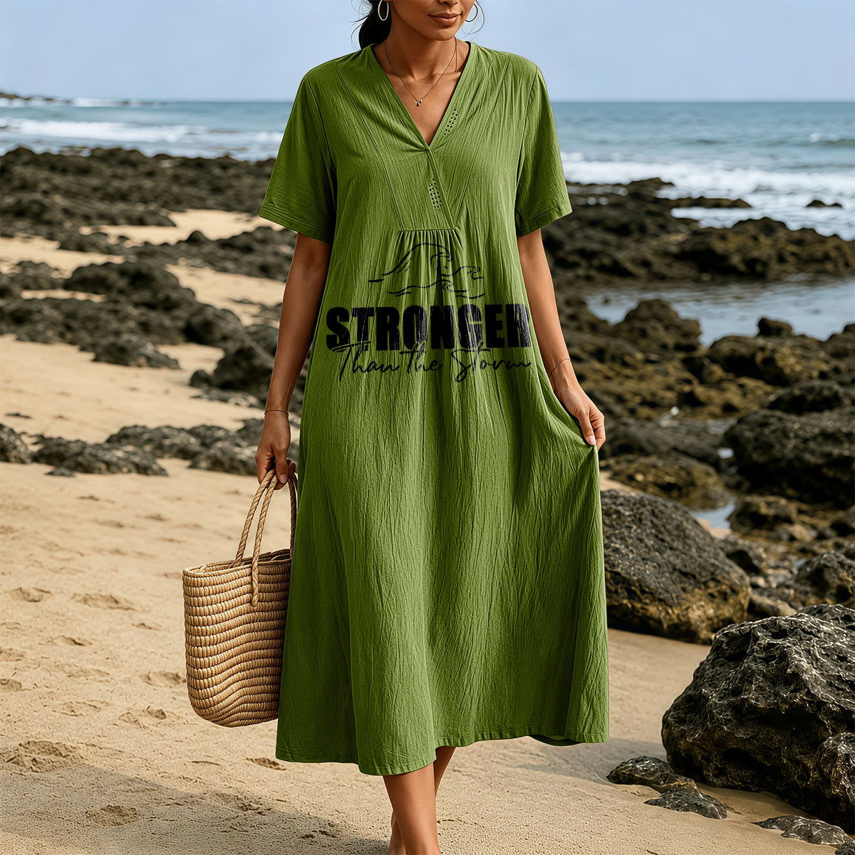 Christianartworkshop "Stronger Than The Storm" Wave Graphic V-Neck Short Sleeve Midi Dress