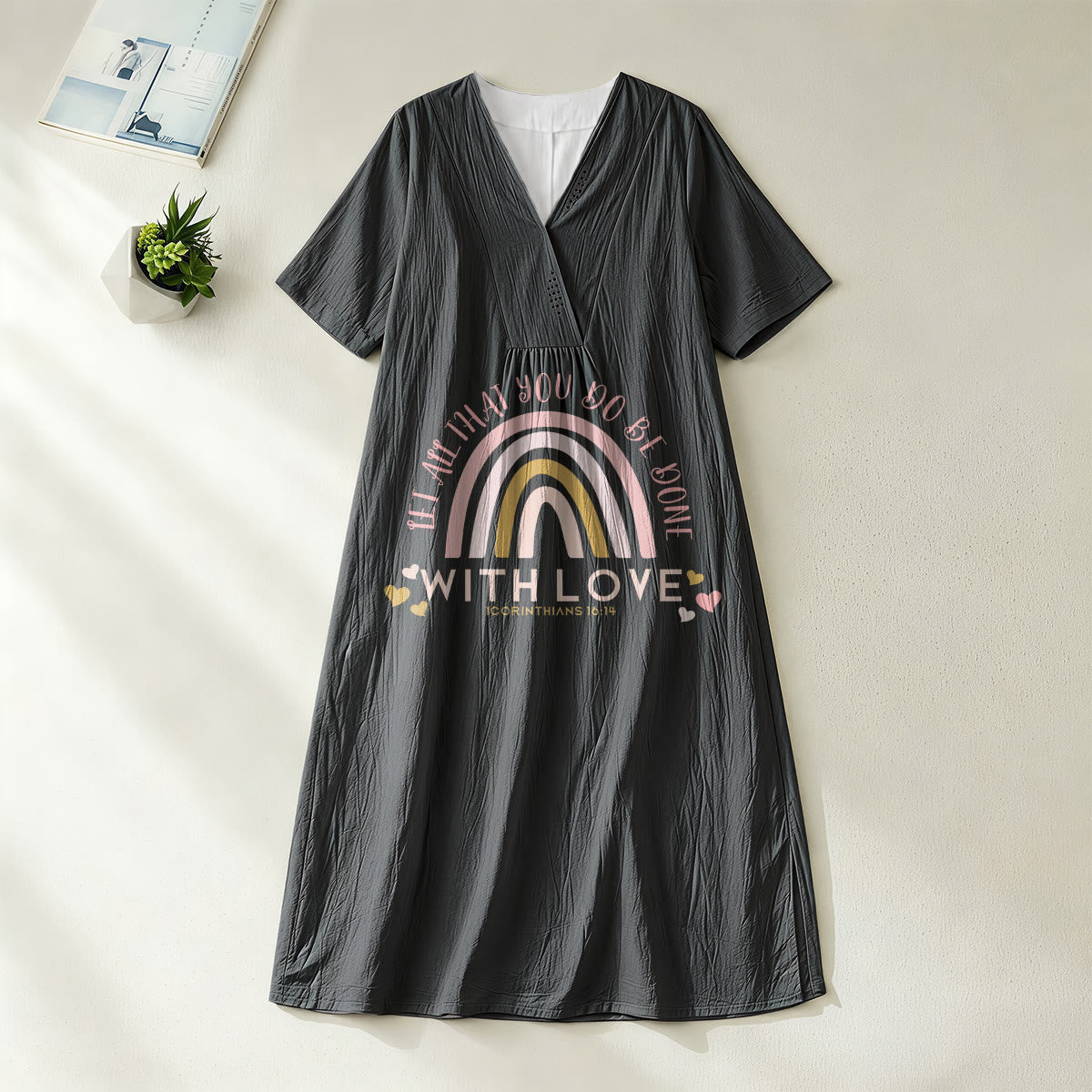 Christianartworkshop Plain Tone Love Scripture Rainbow Heart Slogan V-Neck Casual Midi Dress