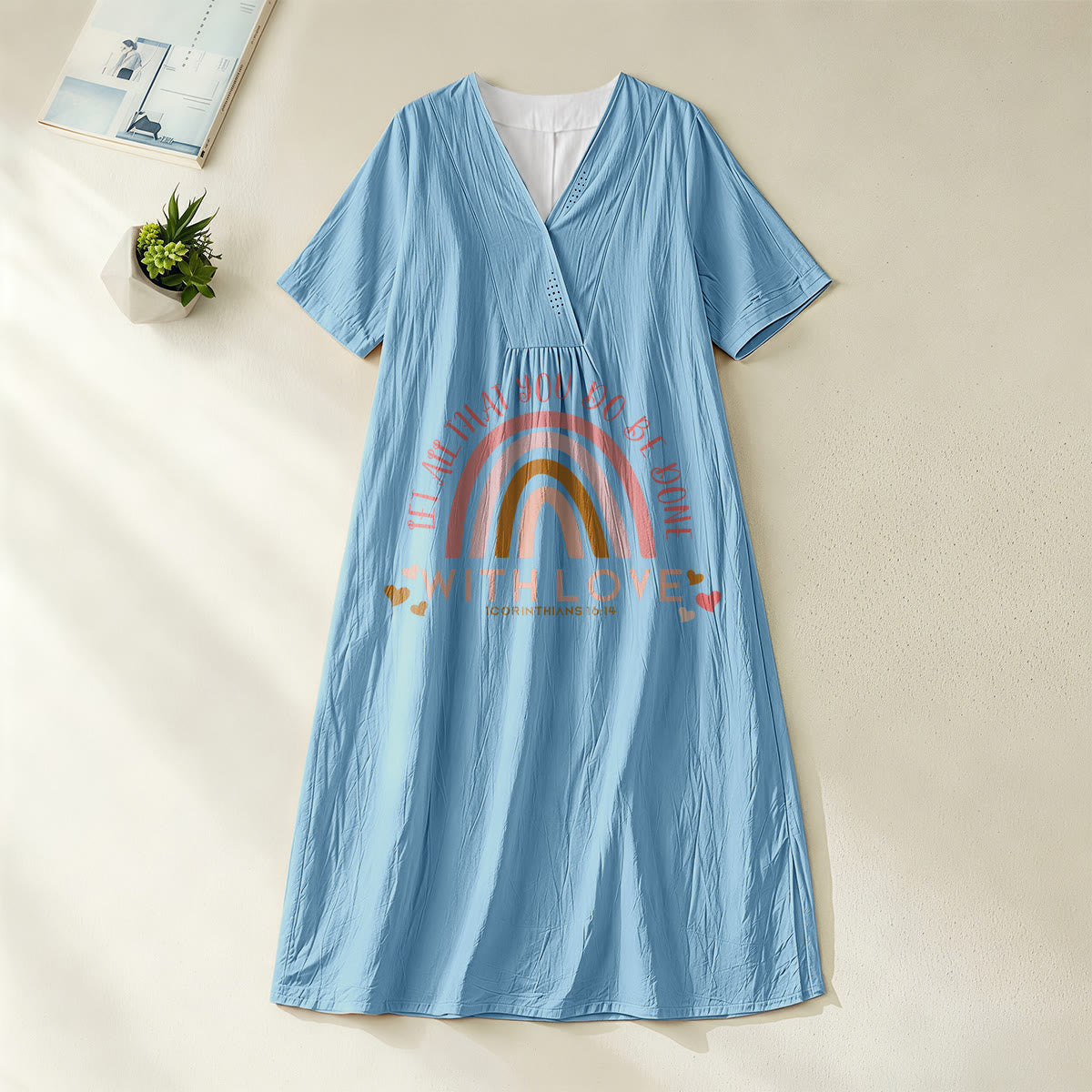 Christianartworkshop Plain Tone Love Scripture Rainbow Heart Slogan V-Neck Casual Midi Dress