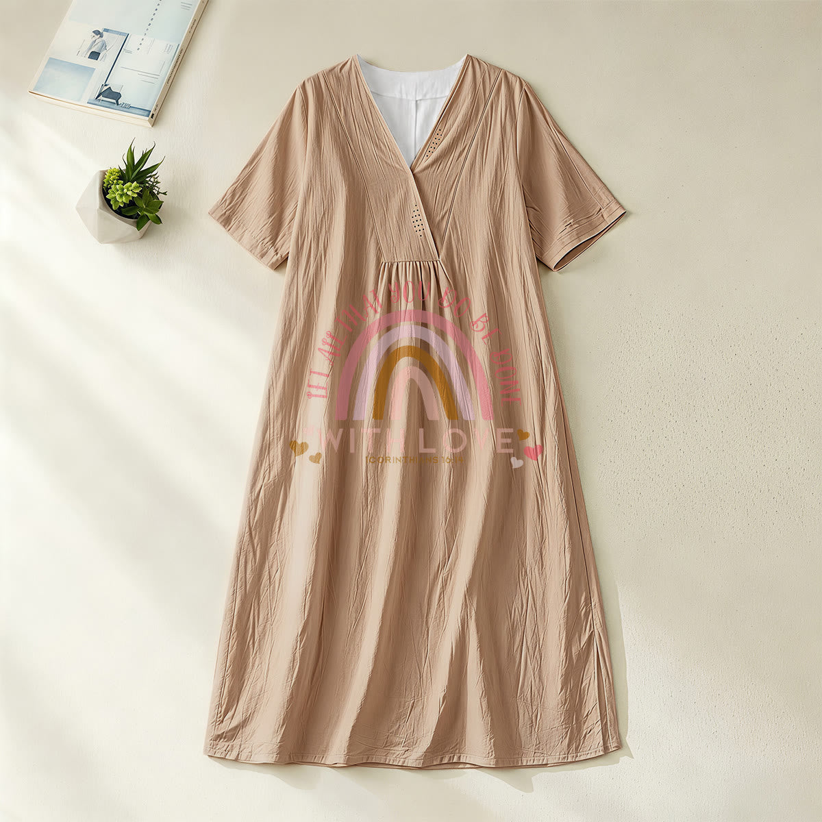 Christianartworkshop Plain Tone Love Scripture Rainbow Heart Slogan V-Neck Casual Midi Dress