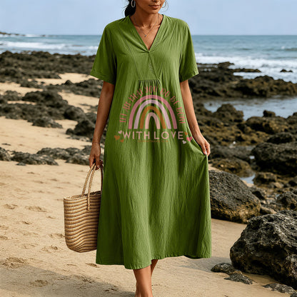 Christianartworkshop Plain Tone Love Scripture Rainbow Heart Slogan V-Neck Casual Midi Dress