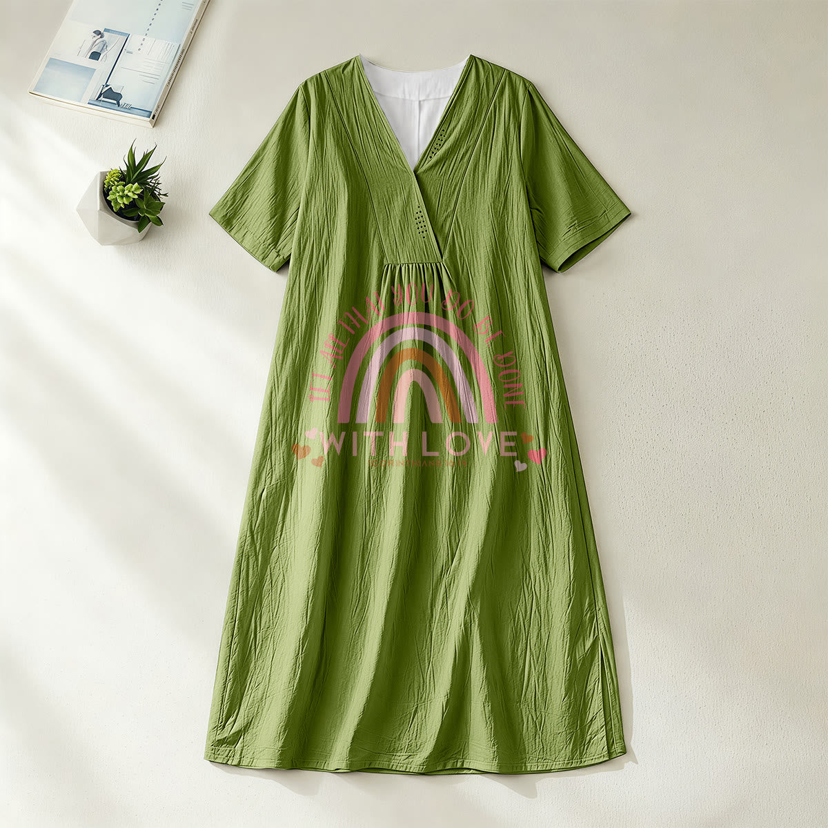 Christianartworkshop Plain Tone Love Scripture Rainbow Heart Slogan V-Neck Casual Midi Dress