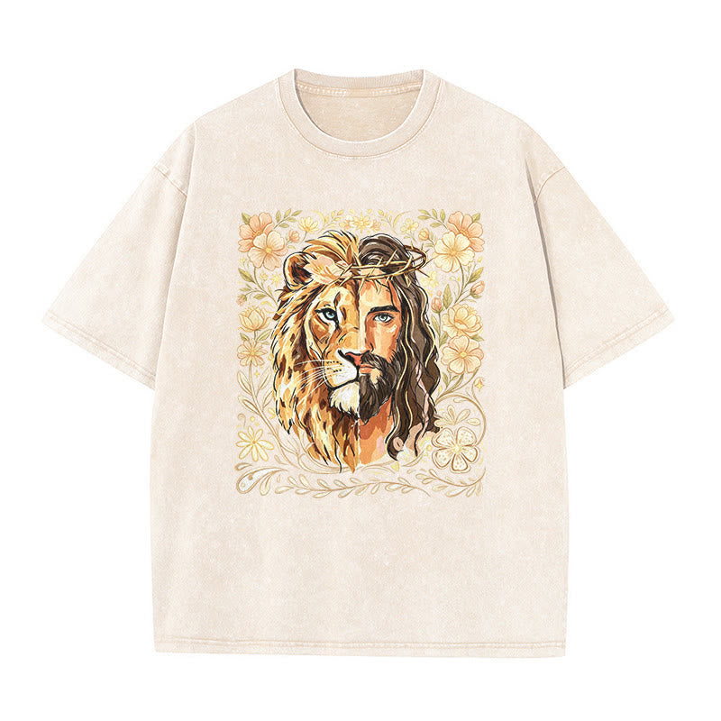 Christianartworkshop Lion of Judah Floral Faith Statement Washed Unisex T-Shirt