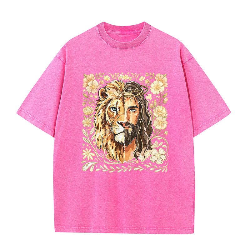 Christianartworkshop Lion of Judah Floral Faith Statement Washed Unisex T-Shirt