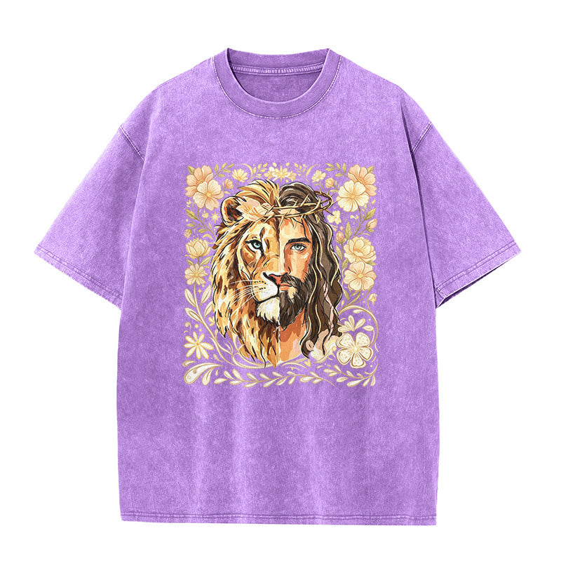 Christianartworkshop Lion of Judah Floral Faith Statement Washed Unisex T-Shirt
