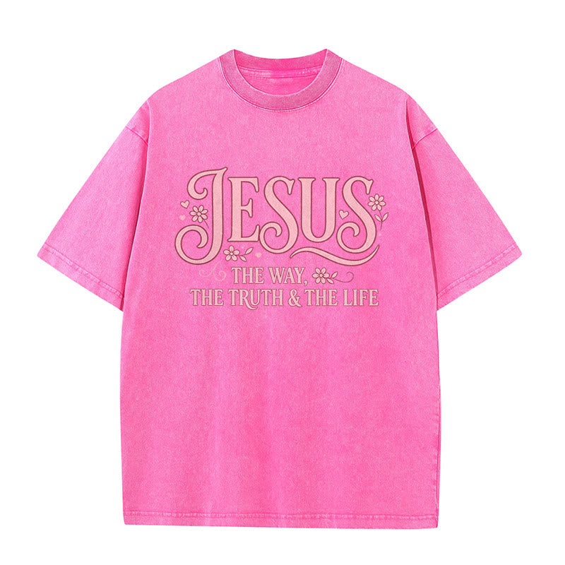 Christianartworkshop Decorative Floral "Jesus The Way The Truth & The Life" Washed Unisex T-Shirt