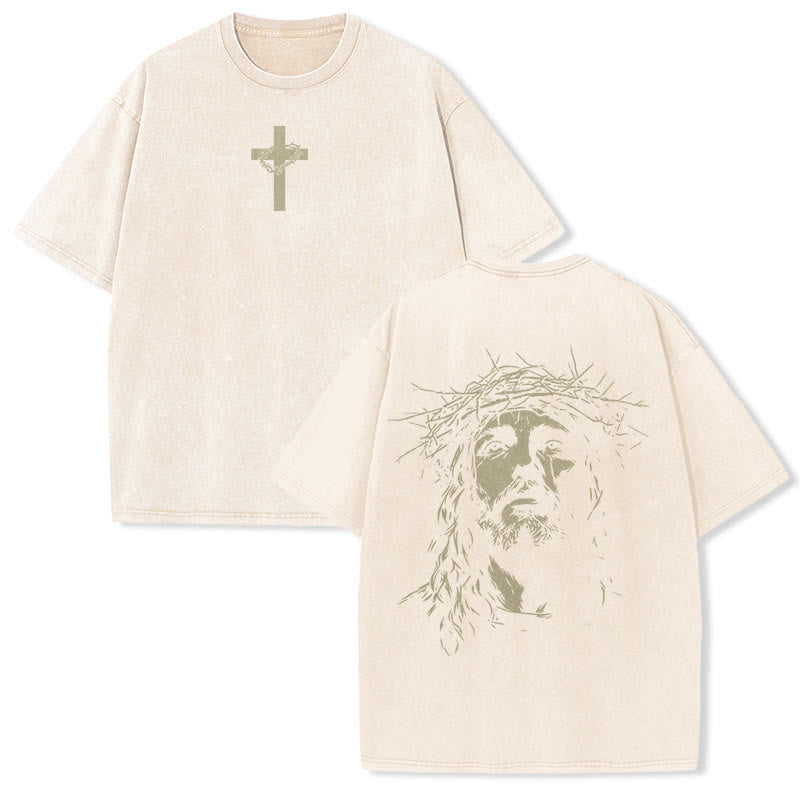 Christianartworkshop Cross with Crown of Thorns Detail Washed Unisex T-Shirt