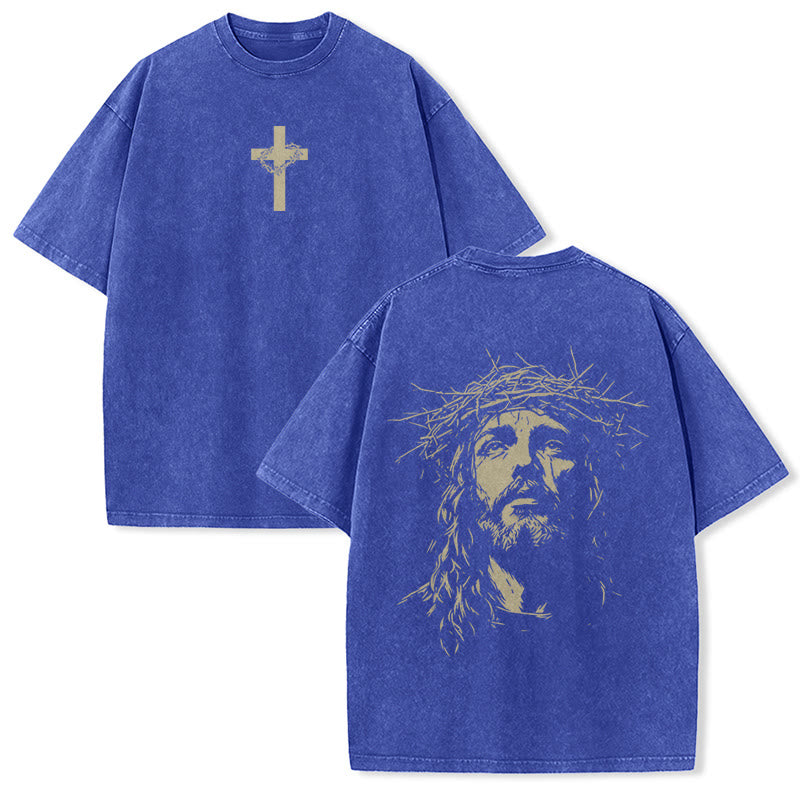 Christianartworkshop Cross with Crown of Thorns Detail Washed Unisex T-Shirt