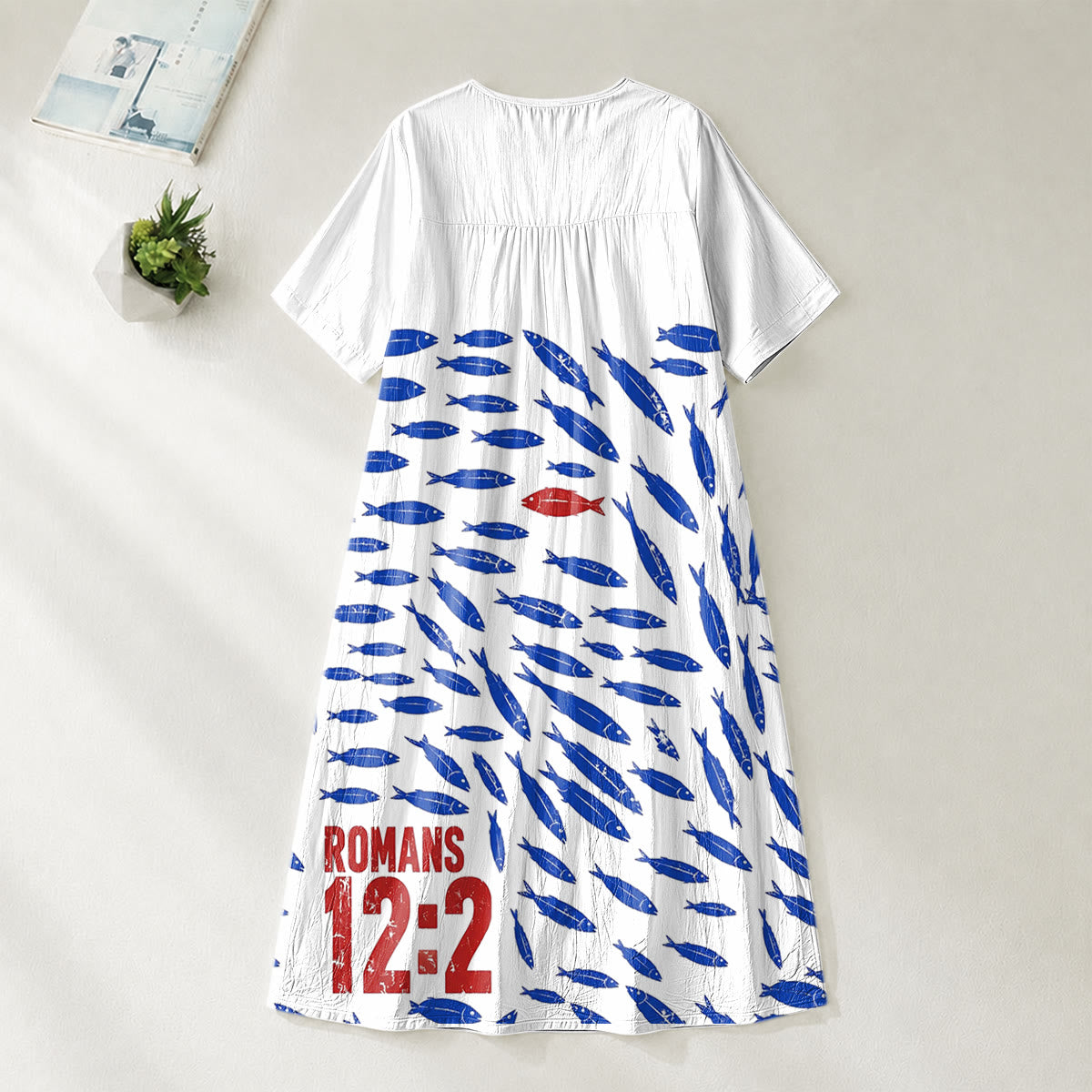 Christianartworkshop "Don't Conform Be Transformed" Romans 12:2 Fish Print V-Neck Short Sleeve Midi Dress