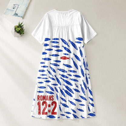 Christianartworkshop "Don't Conform Be Transformed" Romans 12:2 Fish Print V-Neck Short Sleeve Midi Dress