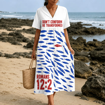 Christianartworkshop "Don't Conform Be Transformed" Romans 12:2 Fish Print V-Neck Short Sleeve Midi Dress