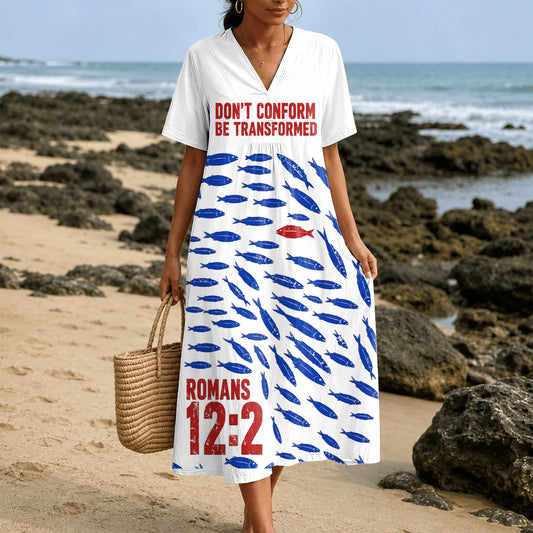 Christianartworkshop "Don't Conform Be Transformed" Romans 12:2 Fish Print V-Neck Short Sleeve Midi Dress