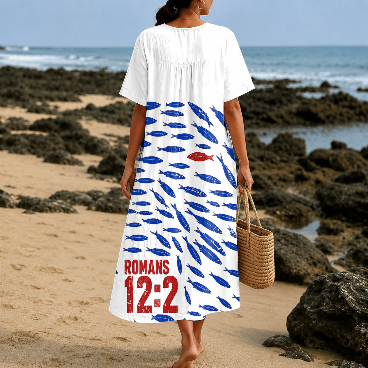 Christianartworkshop "Don't Conform Be Transformed" Romans 12:2 Fish Print V-Neck Short Sleeve Midi Dress