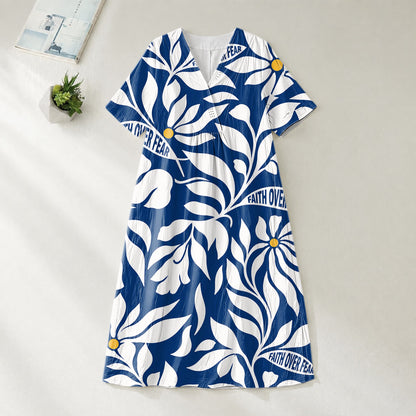 Christianartworkshop "Faith Over Fear" Tropical Floral Print V-Neck Short Sleeve Midi Dress