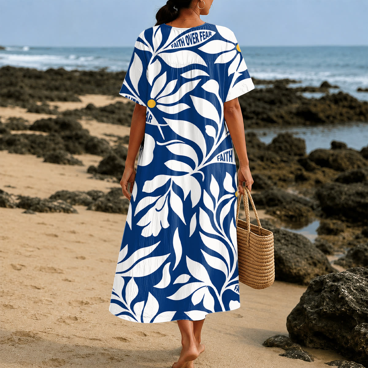 Christianartworkshop "Faith Over Fear" Tropical Floral Print V-Neck Short Sleeve Midi Dress