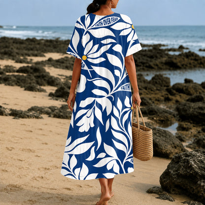 Christianartworkshop "Faith Over Fear" Tropical Floral Print V-Neck Short Sleeve Midi Dress
