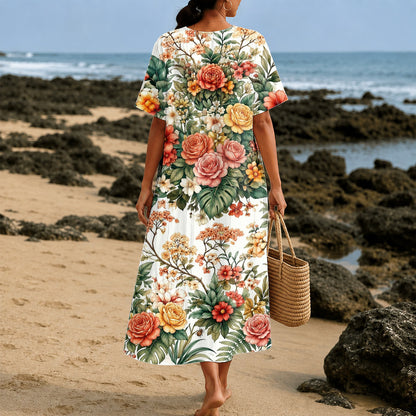 Christianartworkshop "Lion of Judah" Floral Wreath V-Neck Short Sleeve Midi Dress
