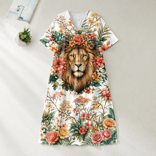 Christianartworkshop "Lion of Judah" Floral Wreath V-Neck Short Sleeve Midi Dress