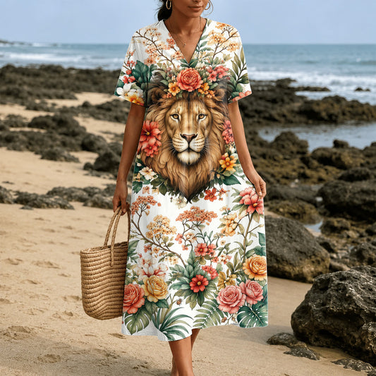 Christianartworkshop "Lion of Judah" Floral Wreath V-Neck Short Sleeve Midi Dress