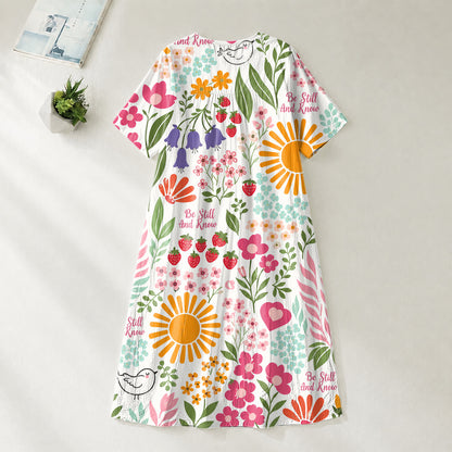 Christianartworkshop "Be Still And Know" Floral & Sun Print V-Neck Short Sleeve Midi Dress