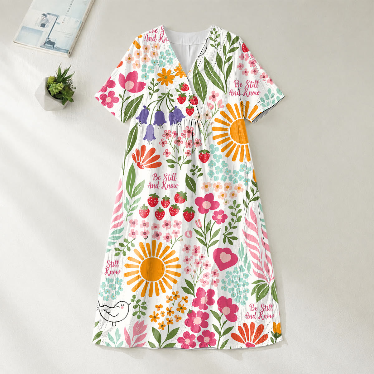 Christianartworkshop "Be Still And Know" Floral & Sun Print V-Neck Short Sleeve Midi Dress