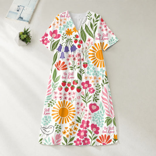 Christianartworkshop "Be Still And Know" Floral & Sun Print V-Neck Short Sleeve Midi Dress
