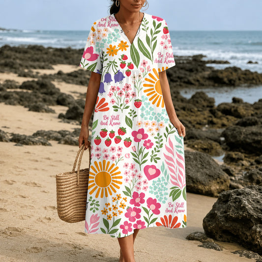 Christianartworkshop "Be Still And Know" Floral & Sun Print V-Neck Short Sleeve Midi Dress