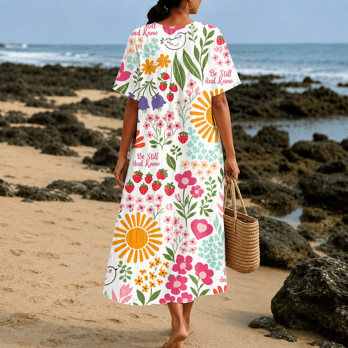 Christianartworkshop "Be Still And Know" Floral & Sun Print V-Neck Short Sleeve Midi Dress